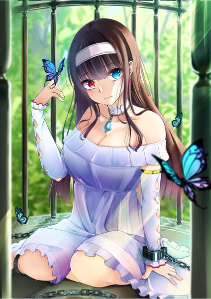 Anime picture 600x848 with original minato yu single long hair tall image looking at viewer blush fringe breasts blue eyes hair between eyes red eyes brown hair sitting bare shoulders payot cleavage sunlight heterochromia yokozuwari