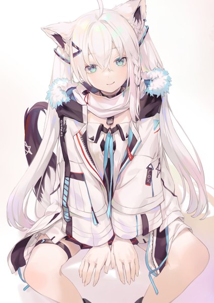Anime picture 2018x2854 with virtual youtuber hololive shirakami fubuki shirakami fubuki (fubukitek) bibimbub single long hair tall image looking at viewer highres smile sitting twintails animal ears ahoge white hair tail braid (braids) animal tail aqua eyes