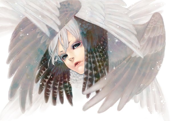 Anime picture 2105x1488 with original yoiichi single highres simple background white background green eyes silver hair lips snowing face black wings head wings white wings androgynous girl wings
