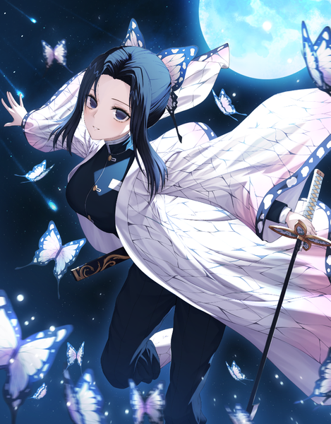 Anime picture 861x1102 with kimetsu no yaiba ufotable kochou shinobu rkrkrjrj2000 single tall image looking at viewer blush fringe short hair breasts black hair standing holding payot traditional clothes parted lips japanese clothes black eyes wide sleeves