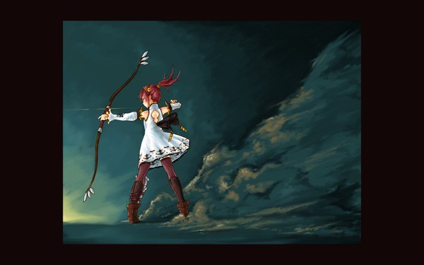 Anime picture 1680x1050 with noeldon (okamocheese) highres wide image payot ponytail red hair dark background thighhighs dress black thighhighs boots thigh boots bell knee boots bow (weapon)