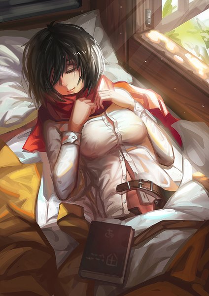 Anime picture 566x800 with shingeki no kyojin production i.g mikasa ackerman saber 01 single tall image fringe short hair black hair eyes closed sunlight hand on chest sleeping sunbeam girl window scarf pillow book (books) bed