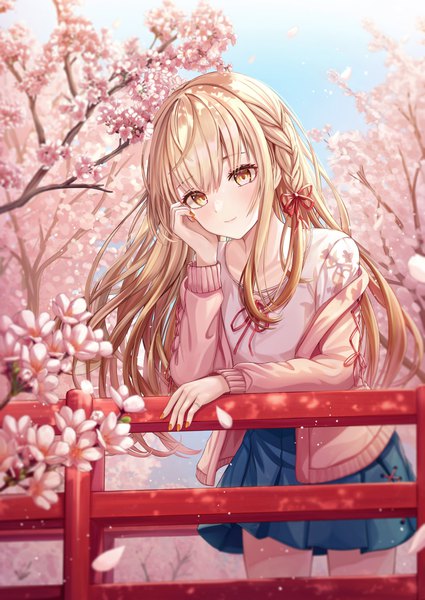 Anime picture 4300x6070 with original funii single long hair tall image looking at viewer blush fringe highres blonde hair smile standing yellow eyes absurdres sky outdoors blunt bangs braid (braids) nail polish head tilt