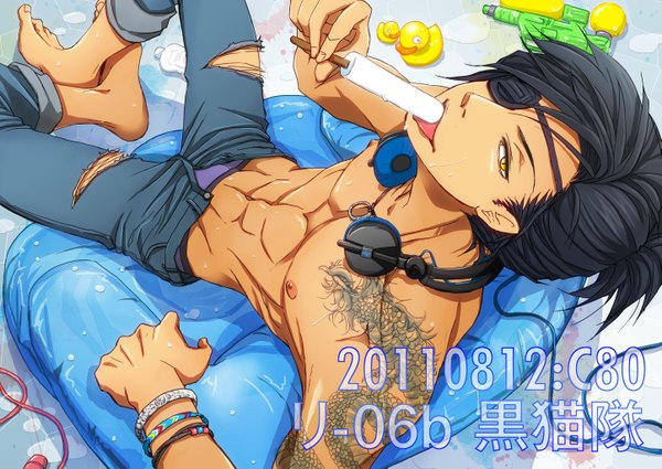 Anime picture 5780x4102 with sengoku basara production i.g date masamune miwa bsr single highres light erotic black hair yellow eyes nipples lying barefoot tattoo topless eating open pants boy food bracelet sweets