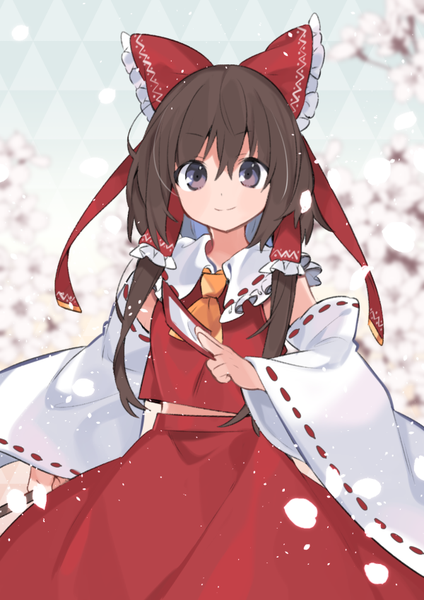 Anime picture 600x848 with touhou hakurei reimu akagashi hagane single long hair tall image looking at viewer fringe hair between eyes brown hair traditional clothes japanese clothes light smile cherry blossoms nontraditional miko girl skirt bow hair bow detached sleeves