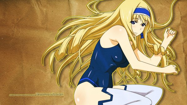 Anime picture 1920x1080 with infinite stratos 8bit cecilia orcott single long hair highres blue eyes light erotic blonde hair wide image girl thighhighs swimsuit hairband one-piece swimsuit school swimsuit
