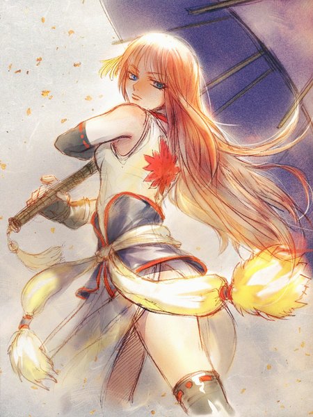 Anime picture 750x1000 with gintama sunrise (studio) kagura (gintama) hangleing single long hair tall image fringe blue eyes orange hair chinese clothes girl thighhighs gloves elbow gloves belt umbrella oriental umbrella