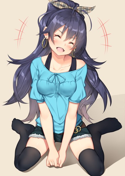 Anime picture 566x800 with idolmaster ganaha hibiki yappen single long hair tall image looking at viewer blush open mouth black hair eyes closed girl thighhighs bow black thighhighs hair bow earrings shorts short shorts