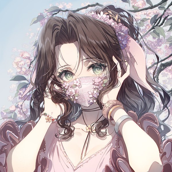 Anime picture 999x999 with final fantasy final fantasy vii square enix aerith gainsborough kieta single long hair looking at viewer brown hair green eyes upper body ponytail cherry blossoms wavy hair girl flower (flowers) ribbon (ribbons) hair ribbon bracelet branch