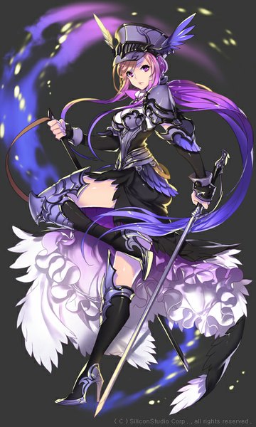 Anime picture 480x800 with gyakushuu no fantasica original empew single tall image looking at viewer blush fringe standing purple eyes holding cleavage purple hair bent knee (knees) tail very long hair wind high heels shiny skin turning head