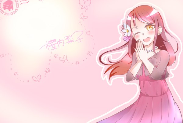 Anime picture 1748x1181 with love live! sunshine!! sunrise (studio) love live! sakurauchi riko shinikakeno ouzorayuhia single long hair looking at viewer blush highres open mouth simple background smile yellow eyes red hair one eye closed hair flower hands clasped girl dress