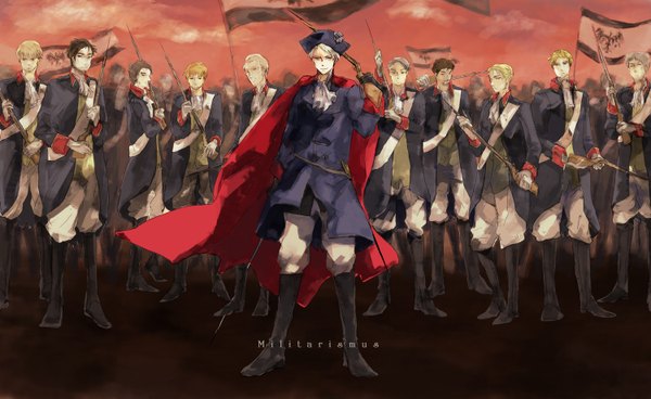 Anime picture 1500x920 with axis powers hetalia studio deen prussia (hetalia) wide image boy uniform weapon boots gun military uniform flag crowd