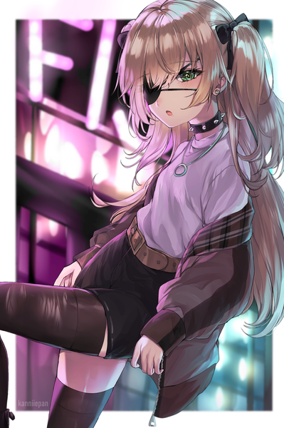 Anime picture 2103x3160 with genshin impact fischl (genshin impact) kanniiepan single long hair tall image looking at viewer blush fringe highres open mouth blonde hair hair between eyes standing green eyes signed payot long sleeves blurry off shoulder