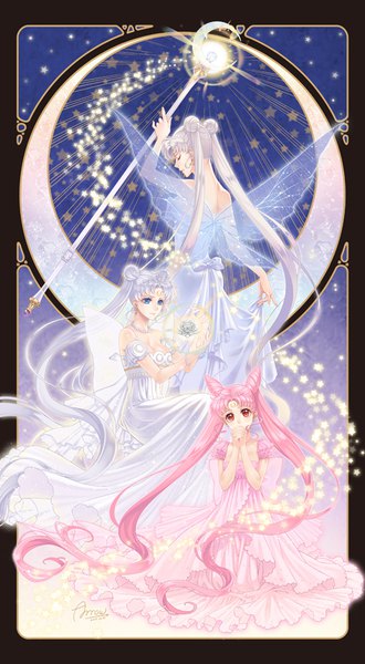 Anime picture 500x909 with bishoujo senshi sailor moon toei animation tsukino usagi chibiusa princess usagi small lady neo queen serenity queen serenity nickii25 tall image blue eyes red eyes standing sitting twintails bare shoulders multiple girls holding pink hair silver hair white hair