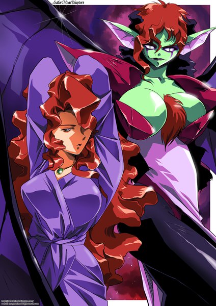 イラスト 2480x3507 と 美少女戦士セーラームーン 東映アニメーション sailor moon monster book キュレネ hinomars19 長身像 highres おっぱい light erotic 黒髪 茶色の髪 大きな乳房 獣耳 multicolored hair two-tone hair fang (fangs) border arms behind head eyeshadow bat wings