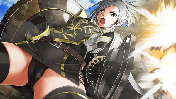 Anime picture 1067x600 with monster hunter v-mag open mouth light erotic wide image yellow eyes silver hair grey hair screaming girl gloves underwear panties weapon