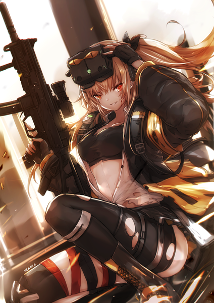 Anime picture 1158x1638 with girls frontline ump9 (girls frontline) nekoya (liu) single long hair tall image looking at viewer fringe breasts smile hair between eyes brown hair holding signed payot full body bent knee (knees) parted lips pleated skirt arm up