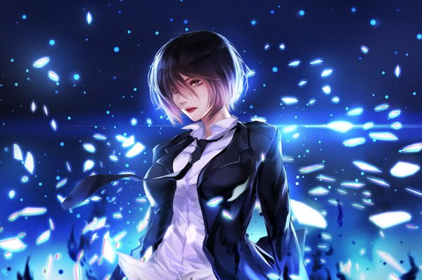 Anime picture 1500x997 with original a-line single looking at viewer short hair black hair black eyes blue background girl shirt necktie