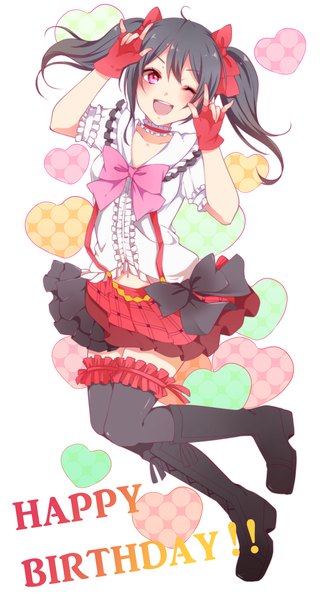 Anime picture 1200x2178 with love live! school idol project sunrise (studio) love live! yazawa nico akit (15jamjam) single long hair tall image blush open mouth black hair smile red eyes twintails one eye closed wink happy birthday mmm girl thighhighs