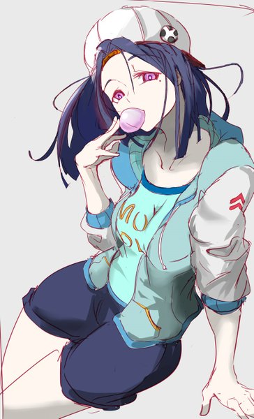 Anime picture 837x1377 with kantai collection tatsuta light cruiser shousetsu single long hair tall image looking at viewer simple background blue hair pink eyes from above grey background mole alternate costume mole under eye casual girl food shorts sweets