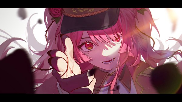 Anime picture 3452x1941 with virtual youtuber nijisanji nijisanji en rosemi lovelock rosemi lovelock (2nd costume) lai dou laile 555 single long hair looking at viewer fringe highres open mouth simple background smile wide image white background pink hair blunt bangs pink eyes arm up