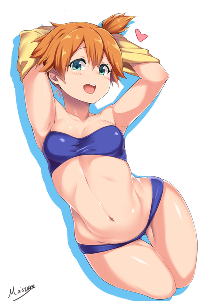 Anime picture 944x1362 with pokemon nintendo misty (pokemon) moisture (chichi) single tall image looking at viewer blush fringe short hair breasts open mouth light erotic simple background smile hair between eyes white background bare shoulders signed :d