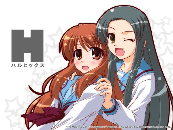 Anime picture 1024x768 with suzumiya haruhi no yuutsu kyoto animation asahina mikuru tsuruya teeth fang (fangs) girl uniform serafuku star (symbol)