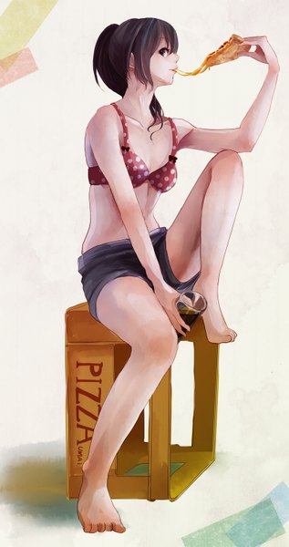 Anime picture 800x1512 with aka tonbo (lovetow) long hair tall image looking at viewer fringe simple background brown hair white background sitting bare shoulders brown eyes ponytail barefoot bare legs bare belly no shoes eating girl food shorts