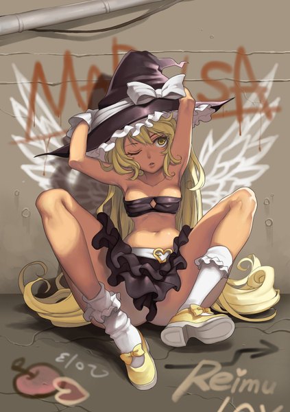 Anime picture 618x876 with touhou kirisame marisa wadani hitonori single long hair tall image fringe light erotic blonde hair hair between eyes sitting yellow eyes looking away full body one eye closed character names angel wings adjusting hat graffiti fake wings