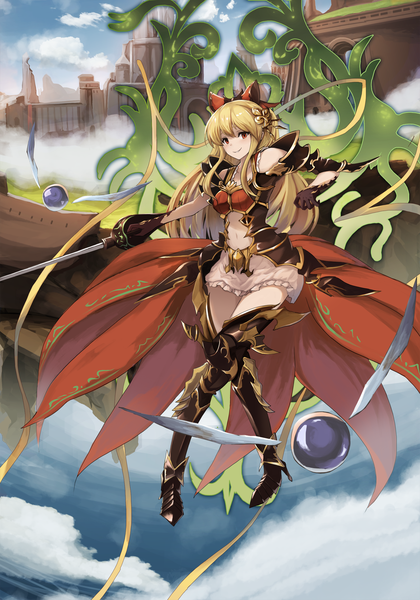 Anime picture 1750x2500 with granblue fantasy vira lilie eruthika single long hair tall image looking at viewer highres smile red eyes holding sky cloud (clouds) parted lips teeth flying crossed legs (standing) girl navel hair ornament