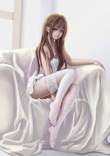 Anime picture 1200x1696 with original shiraha (pixiv10239953) single long hair tall image looking at viewer fringe light erotic smile brown hair sitting yellow eyes bent knee (knees) indoors braid (braids) no shoes sleeveless lipstick single braid pink lipstick