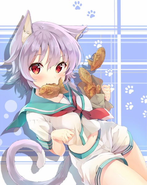Anime picture 980x1229 with kantai collection tama light cruiser kakao rantan single tall image looking at viewer blush fringe short hair open mouth red eyes holding animal ears purple hair tail animal tail cat ears bare belly bare legs cat girl