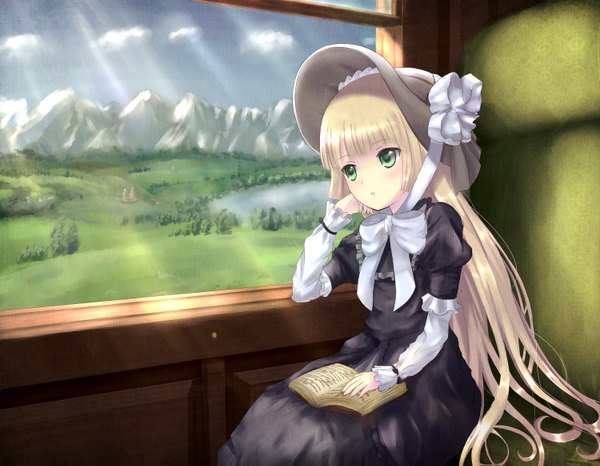 Anime picture 1500x1167 with gosick studio bones victorique de blois morerin single long hair fringe blonde hair sitting green eyes looking away blunt bangs loli puffy sleeves mountain lolita fashion head rest goth-loli meadow girl