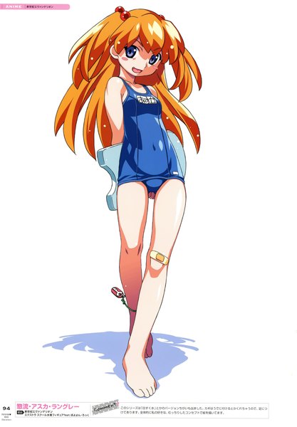 Anime picture 4841x6960 with neon genesis evangelion gainax watanabe akio - poyoyon rock characters (artbook) soryu asuka langley watanabe akio single long hair tall image looking at viewer highres blue eyes light erotic simple background smile standing white background signed absurdres full body barefoot