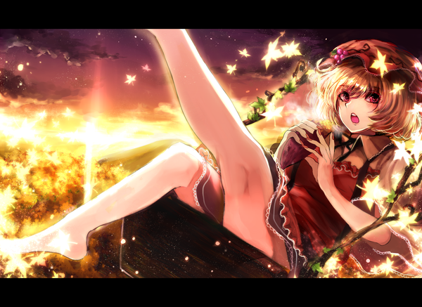 Anime picture 1500x1094 with touhou aki minoriko kotonoman single looking at viewer short hair open mouth blonde hair red eyes bare legs legs evening sunset letterboxed girl dress leaf (leaves) bonnet swing