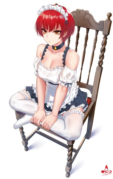Anime picture 3077x4876 with original infinote single tall image highres short hair breasts light erotic simple background large breasts white background sitting bare shoulders signed absurdres cleavage full body red hair from above maid