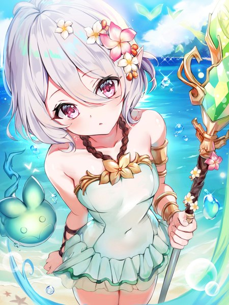 Anime picture 700x933 with princess connect! re:dive princess connect! kokkoro (princess connect!) narae single tall image looking at viewer blush fringe short hair breasts light erotic standing bare shoulders holding sky silver hair cloud (clouds) outdoors parted lips