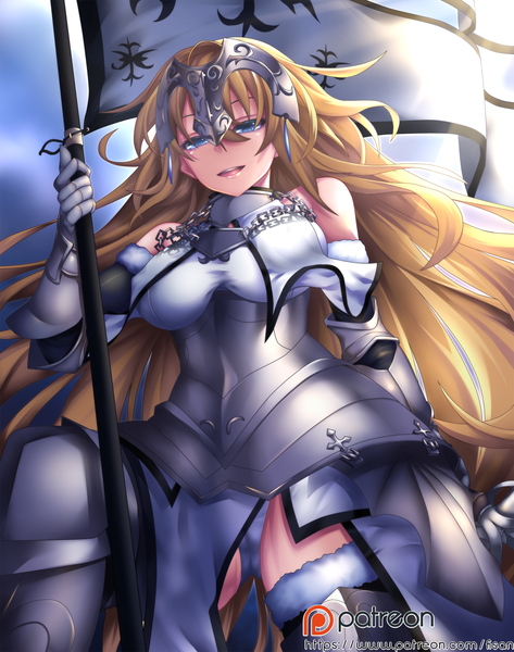 Anime picture 1120x1421 with fate (series) fate/apocrypha jeanne d'arc (fate) (all) jeanne d'arc (fate) fi-san single long hair tall image open mouth blue eyes light erotic blonde hair looking away girl dress gloves underwear panties armor white panties