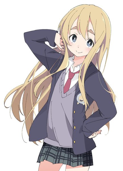 Anime picture 688x954 with k-on! kyoto animation kotobuki tsumugi ixy single long hair tall image looking at viewer blue eyes simple background blonde hair smile white background pleated skirt hand on hip adjusting hair plaid skirt eyebrows girl skirt