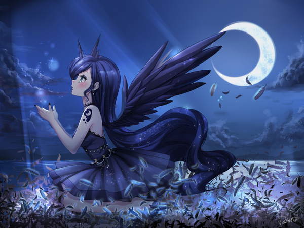Anime picture 2800x2099 with my little pony princess luna daefny single blush fringe highres blue eyes sitting signed blue hair cloud (clouds) full body outdoors very long hair nail polish profile horn (horns) fingernails night
