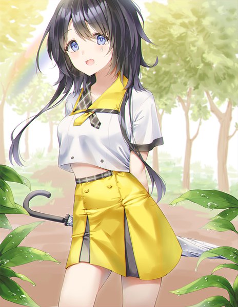 Anime picture 1000x1292 with virtual youtuber palette project amagasaki eko cha chya single long hair tall image looking at viewer blush fringe open mouth blue eyes black hair smile hair between eyes standing holding outdoors :d short sleeves