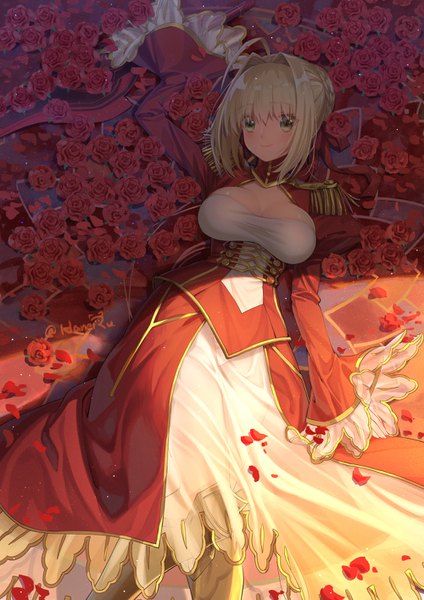 Anime picture 1000x1414 with fate (series) fate/extra nero claudius (fate) (all) nero claudius (fate) haneru single tall image looking at viewer blush short hair breasts blonde hair green eyes cleavage girl dress flower (flowers) weapon petals sword
