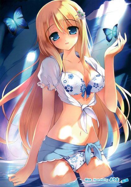 Anime picture 1479x2100 with original youta single long hair tall image looking at viewer blush highres breasts blue eyes light erotic blonde hair cleavage midriff girl navel hair ornament swimsuit bikini water