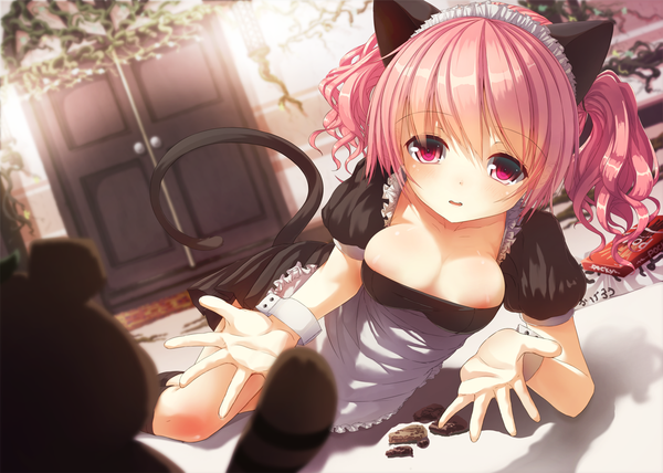 Anime picture 1263x903 with inu x boku ss david production roromiya karuta re:n ne blush short hair breasts light erotic red eyes twintails animal ears pink hair cat ears maid cat tail short twintails girl headdress maid headdress