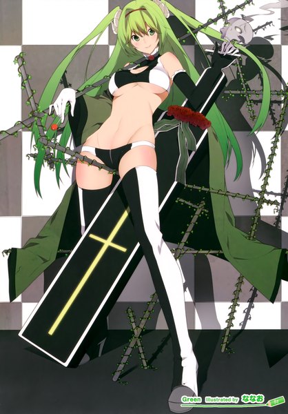 Anime picture 2439x3500 with original nanao (mahaya) single long hair tall image looking at viewer blush highres light erotic smile green eyes green hair checkered background girl thighhighs gloves navel underwear panties weapon