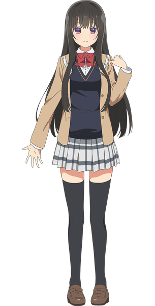 Anime picture 768x1511 with seirei gensouki ayase miharu yufu kyouko single long hair tall image looking at viewer fringe black hair smile standing purple eyes pleated skirt official art zettai ryouiki transparent background girl thighhighs skirt uniform