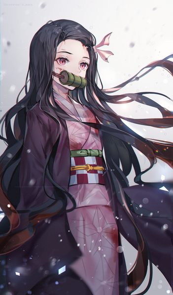 Anime picture 2000x3411 with kimetsu no yaiba ufotable kamado nezuko unity (ekvmsp02) single long hair tall image blush highres breasts black hair simple background brown hair standing holding signed looking away long sleeves traditional clothes japanese clothes