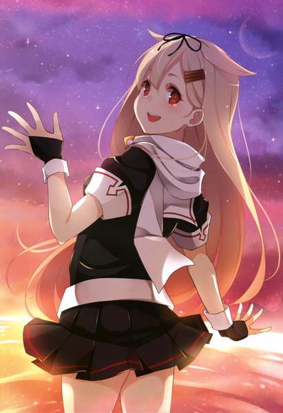 Anime picture 4084x5950 with kantai collection yuudachi destroyer kisaichi jin single long hair tall image looking at viewer blush highres blonde hair red eyes absurdres sky looking back remodel (kantai collection) girl skirt gloves uniform hair ornament