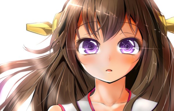 Anime picture 1501x956 with kantai collection kongou battleship velia (artist) single long hair looking at viewer blush open mouth simple background brown hair white background purple eyes traditional clothes japanese clothes close-up nontraditional miko girl hair ornament