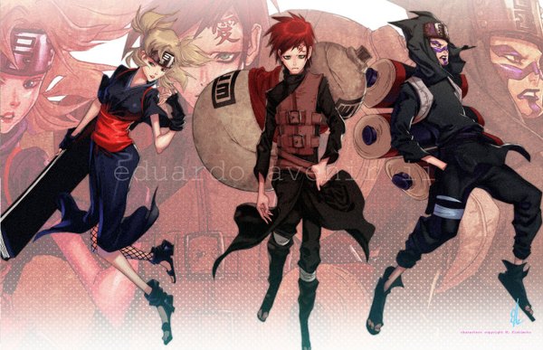 Anime picture 1360x878 with naruto studio pierrot naruto (series) gaara temari (naruto) kankuro edotastic short hair blue eyes blonde hair twintails green eyes signed red hair inscription tattoo hands in pockets jinchuriki face paint quad tails